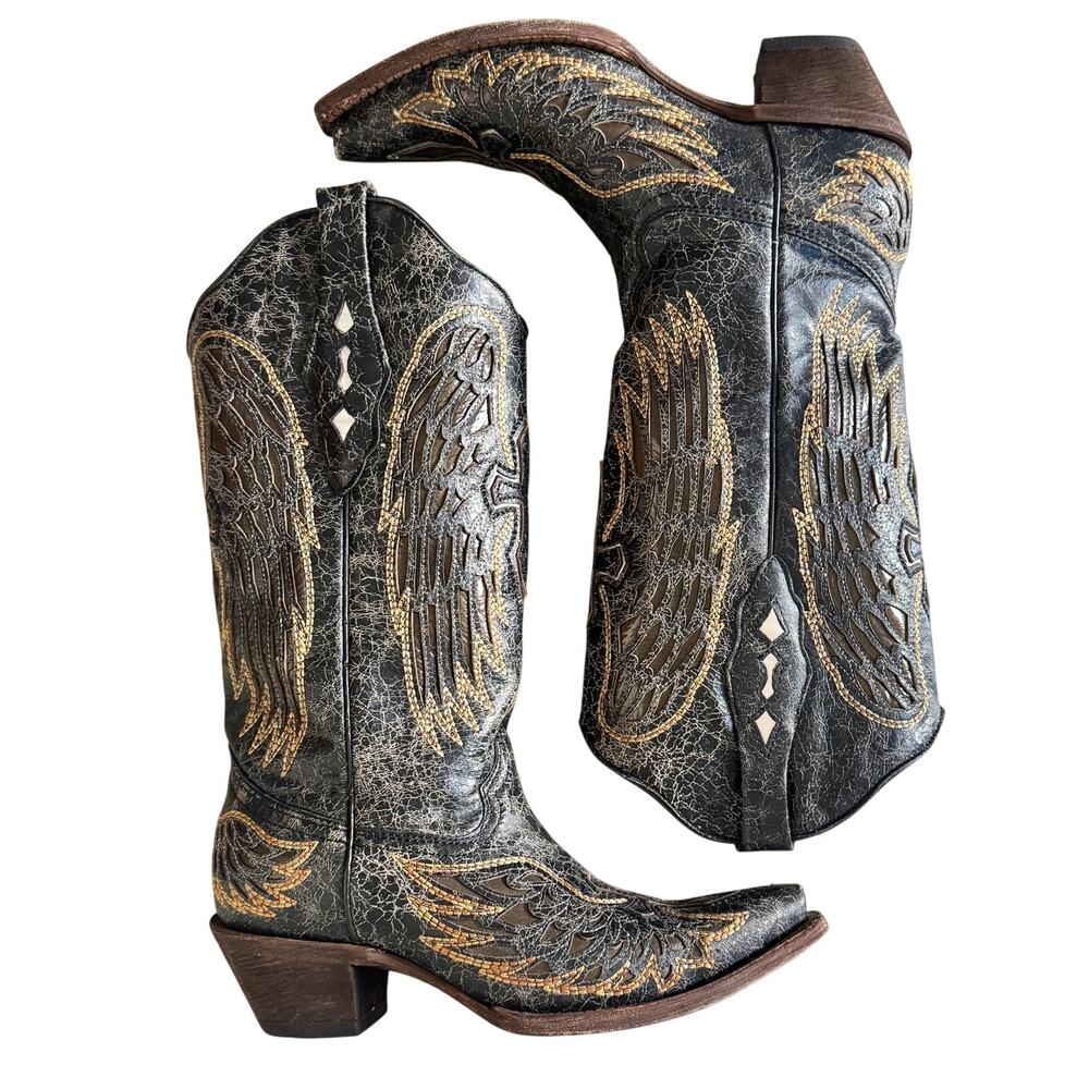 Corral Vintage Silver Cross Gold Wings Boots w/ Box Size 7 EUC Inlay Embroidered